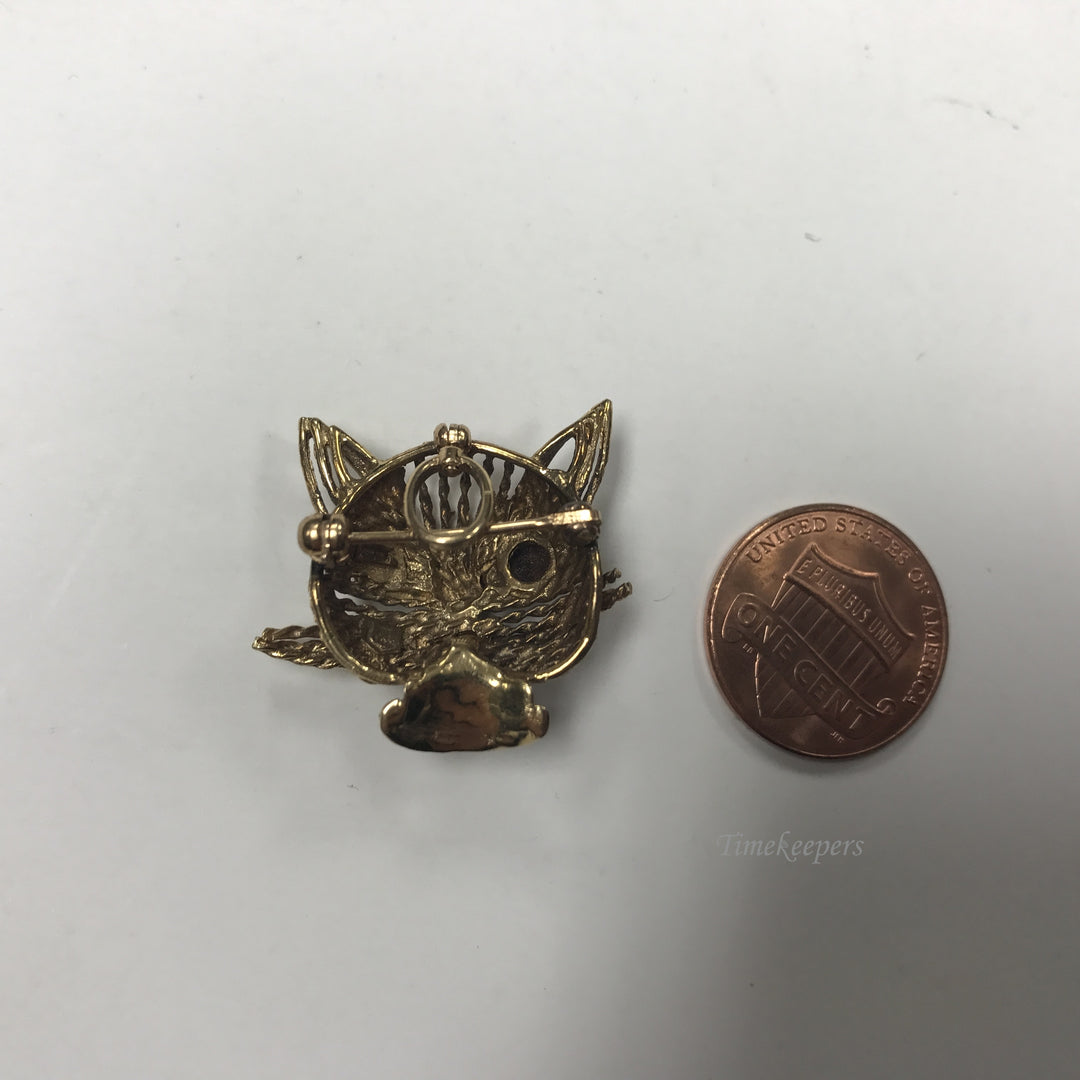 d397 Vintage Original 14K Yellow Gold Charm Pendant Brooch Cat Tiger Eye Garnet