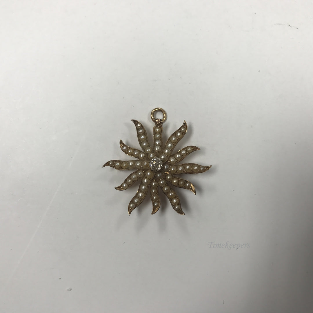 d398 Vintage 14K Yellow Gold Charm Pendant Brooch Seed Pearls Diamond .25TCW