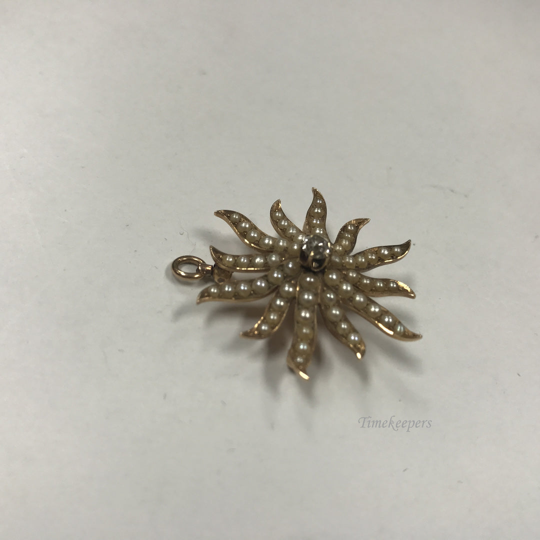 d398 Vintage 14K Yellow Gold Charm Pendant Brooch Seed Pearls Diamond .25TCW