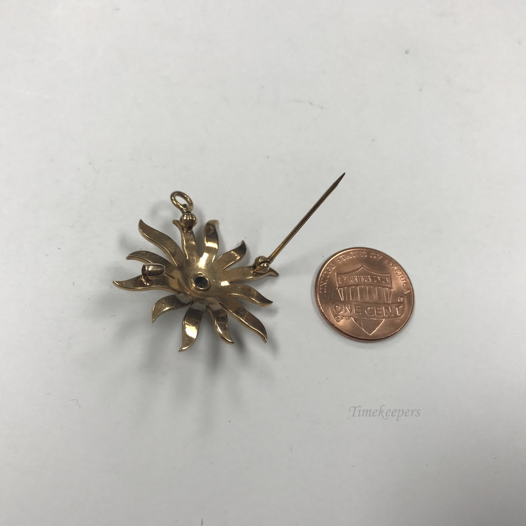 d398 Vintage 14K Yellow Gold Charm Pendant Brooch Seed Pearls Diamond .25TCW