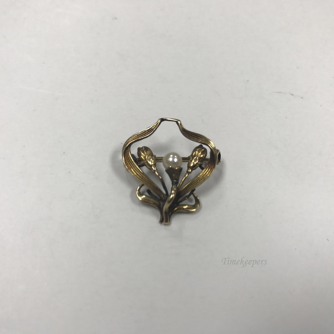 d402 Vintage Original Yellow Gold Filled Floral Brooch Pin with White Pearl