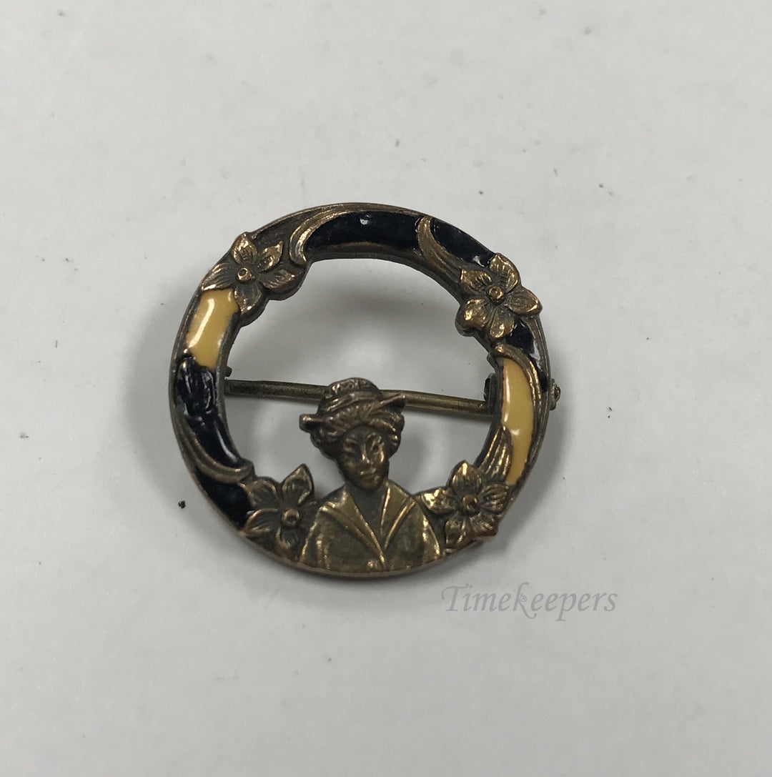 d417 Vintage Original Geisha Girl Floral Yellow Black Enamel Round Brooch Pin