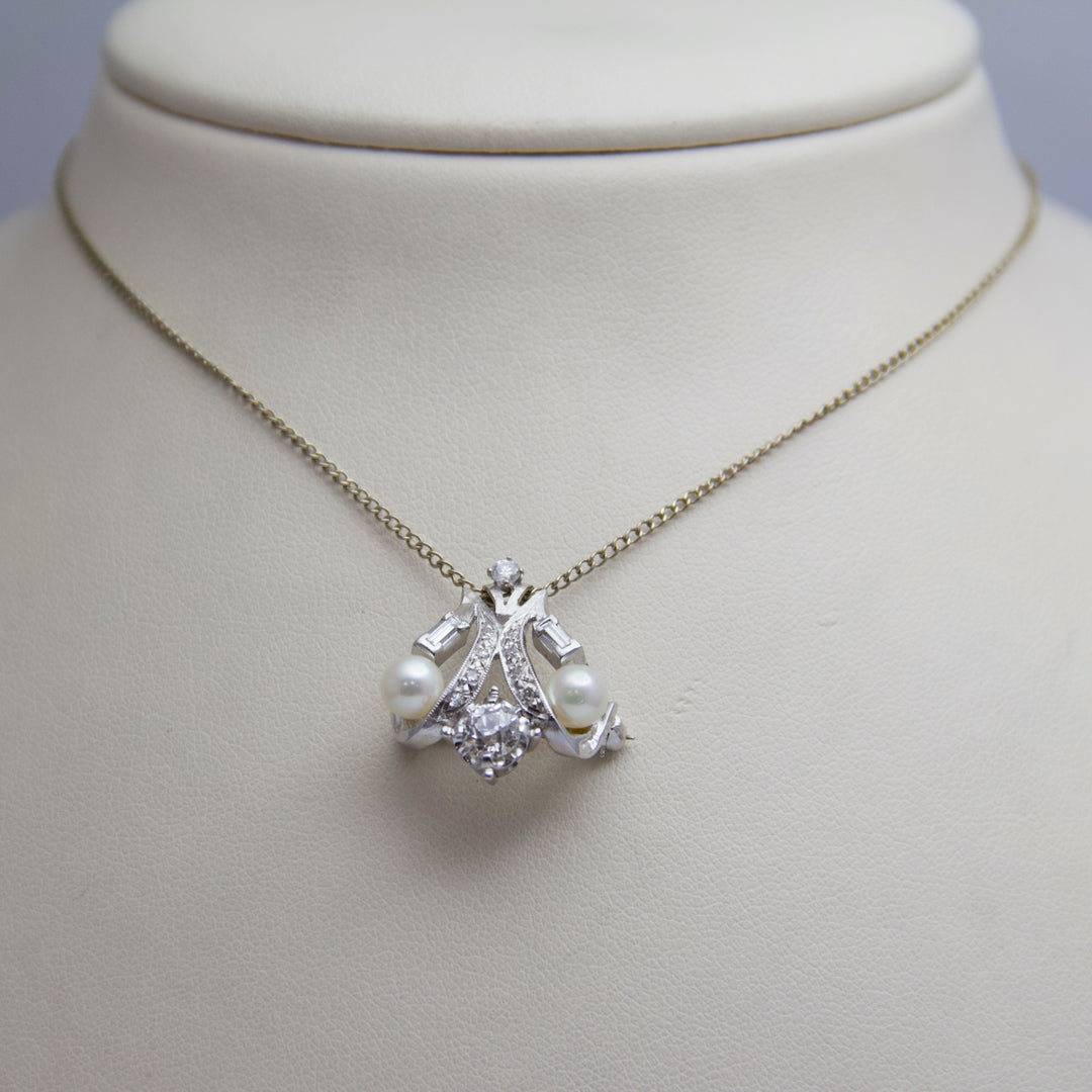 d629 Gorgeous 14k White Gold Pearl &amp; Diamond Necklace and Pin/Brooch