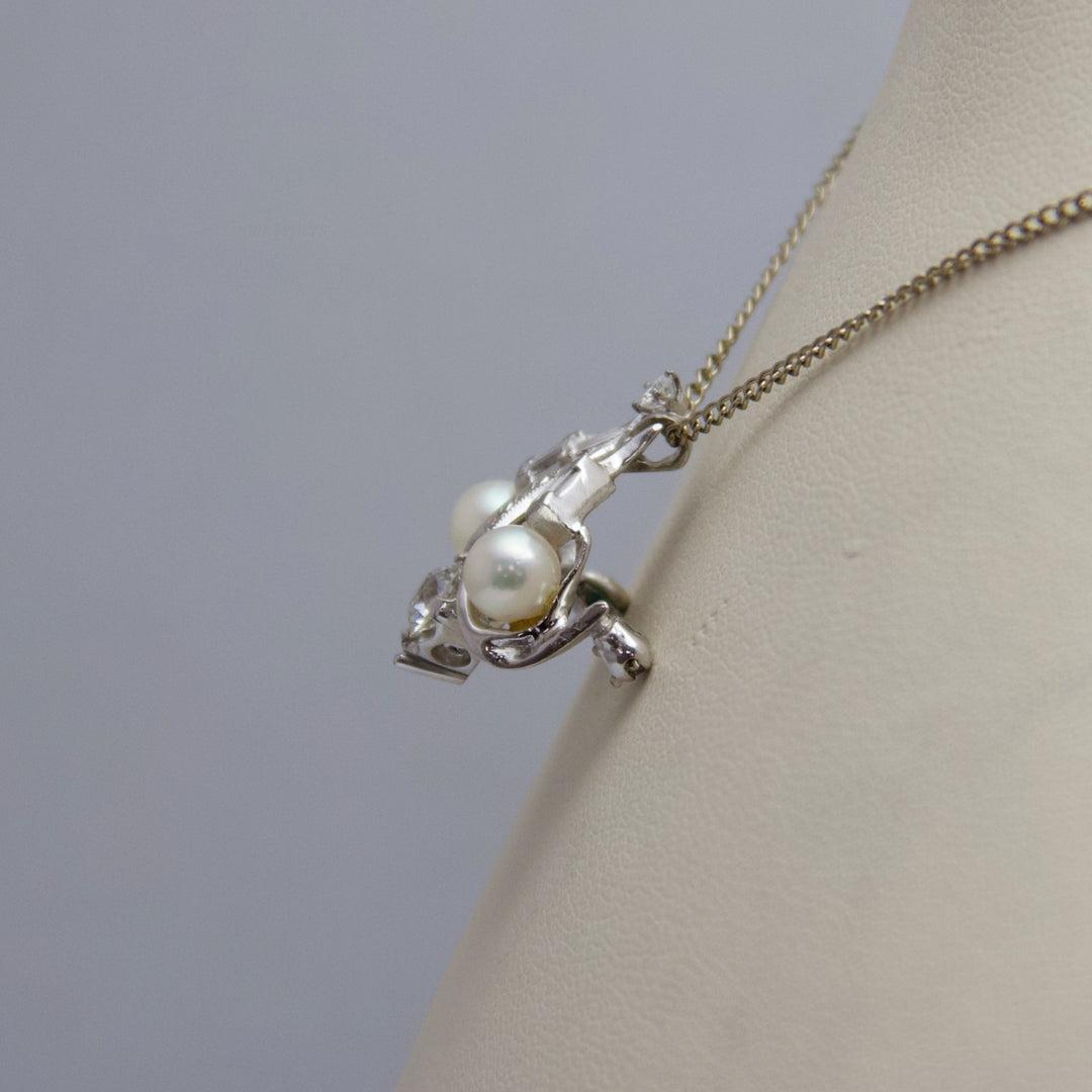 d629 Gorgeous 14k White Gold Pearl &amp; Diamond Necklace and Pin/Brooch