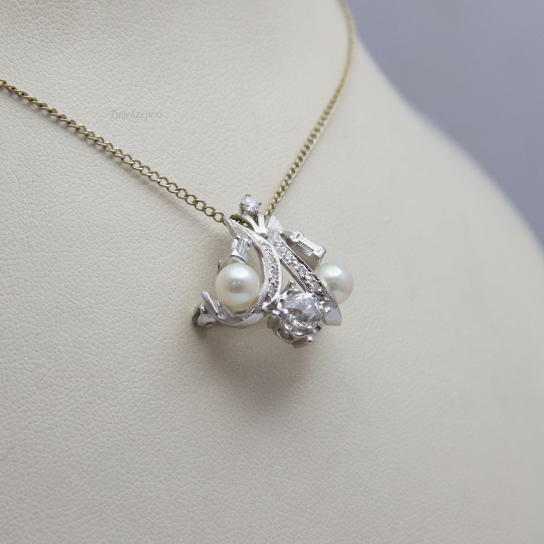 d629 Gorgeous 14k White Gold Pearl &amp; Diamond Necklace and Pin/Brooch