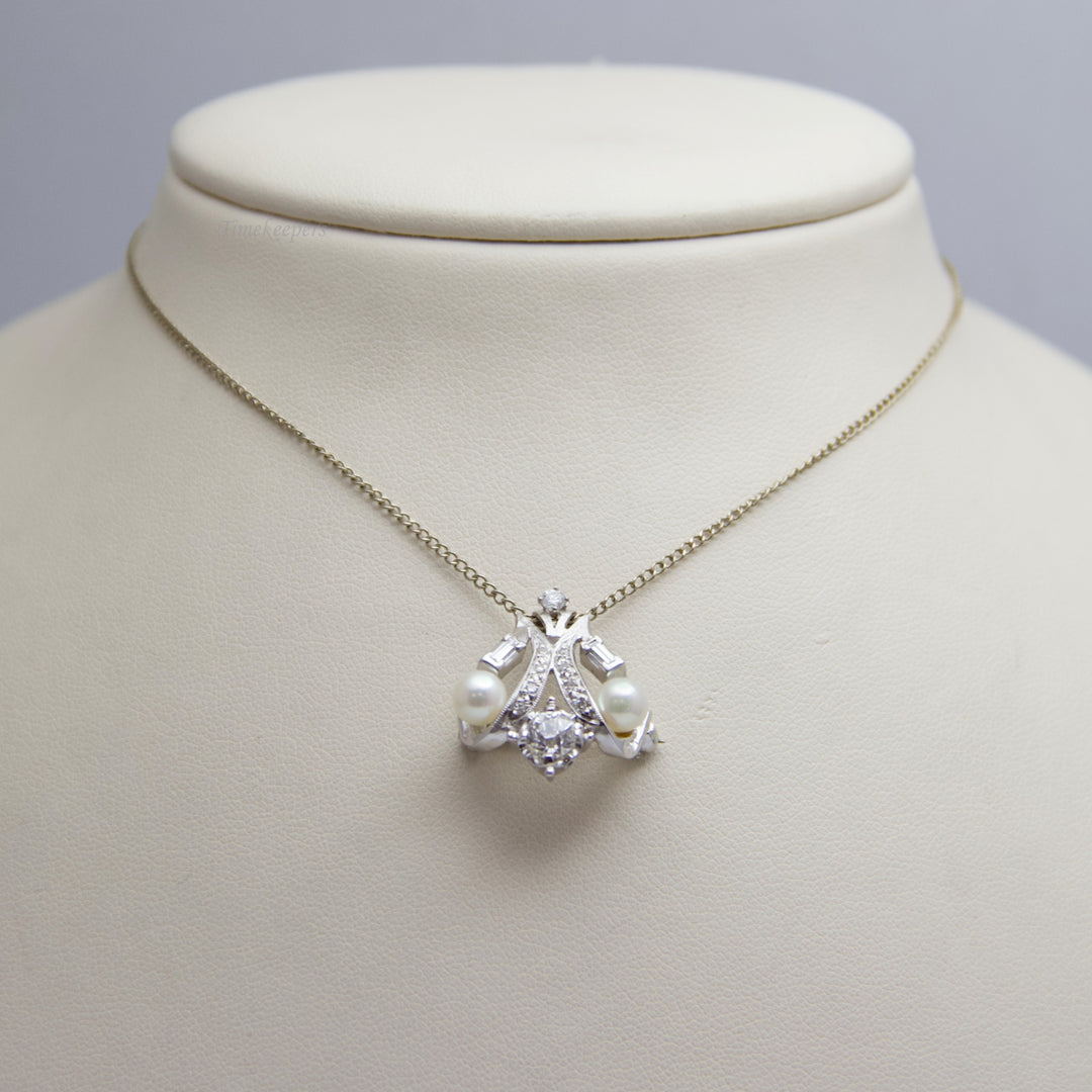 d629 Gorgeous 14k White Gold Pearl &amp; Diamond Necklace and Pin/Brooch