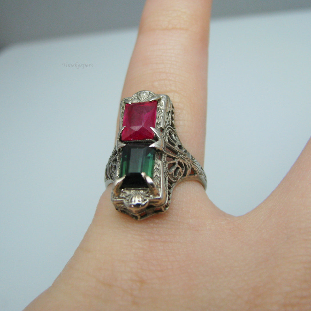 d839 Exquisite 14k White Gold Tsavorite and Spinel Filigree Ring