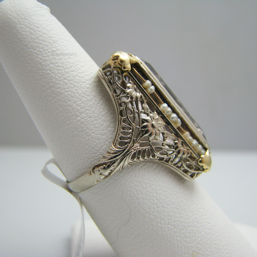 d840 14k White Gold Amethyst Seed Pearl Ring