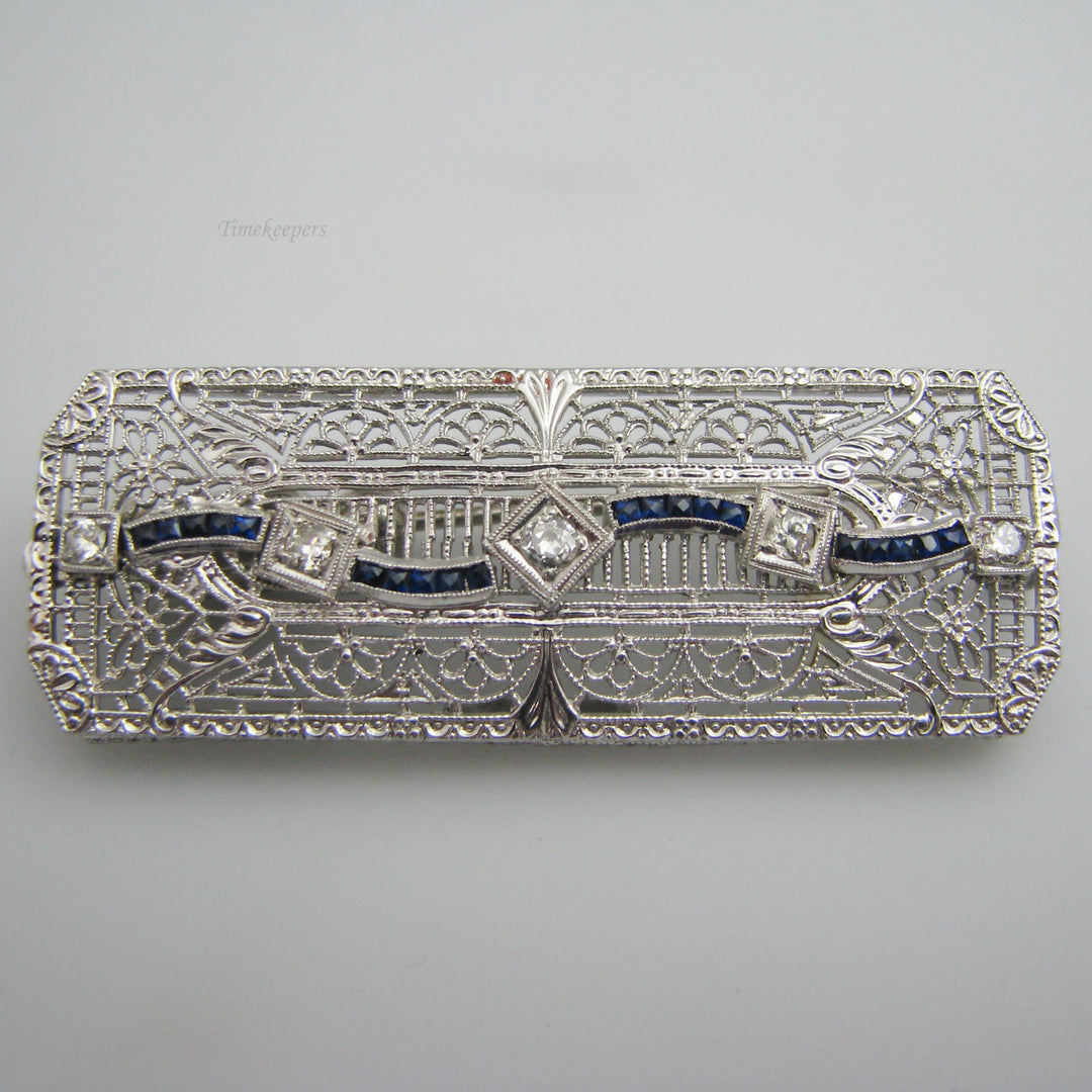 d987 Pretty 14k White Gold/Platinum Diamond &amp; Sapphire Brooch