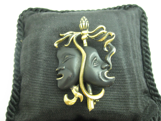 b667 Vintage German Black Theater Masks and Staff Lapel Pin