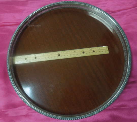 q577 Vintage 14" Silver Plated Edge Wood Grain Formica Serving Platter Tray Foot