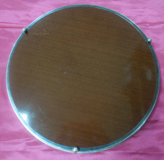 q577 Vintage 14" Silver Plated Edge Wood Grain Formica Serving Platter Tray Foot