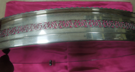 q577 Vintage 14" Silver Plated Edge Wood Grain Formica Serving Platter Tray Foot