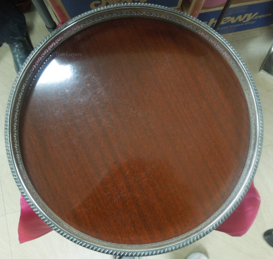 q577 Vintage 14" Silver Plated Edge Wood Grain Formica Serving Platter Tray Foot
