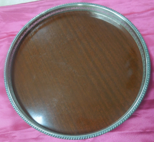 q577 Vintage 14" Silver Plated Edge Wood Grain Formica Serving Platter Tray Foot