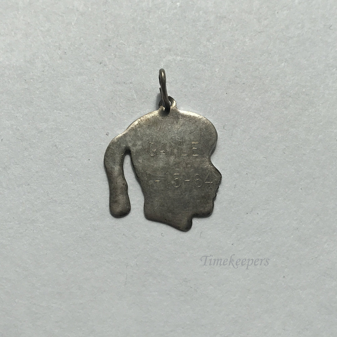 e008 Vintage Sterling Silver Miniature Girl "Gayle 1-15-64" Charm Pendant