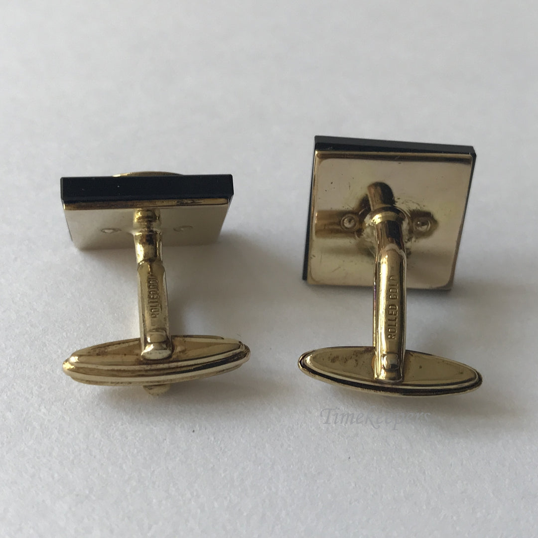 e175 Vintage Original Rolled Gold Black Stone Square Men's Cuff Links