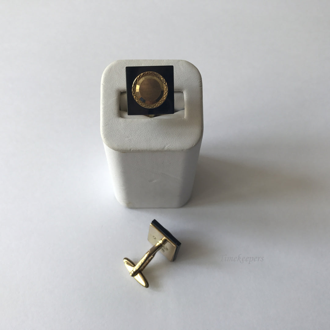 e175 Vintage Original Rolled Gold Black Stone Square Men's Cuff Links