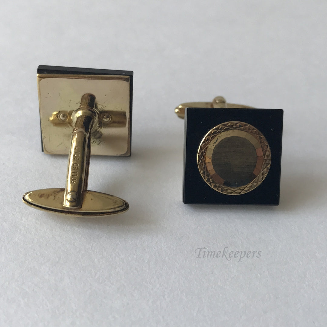 e175 Vintage Original Rolled Gold Black Stone Square Men's Cuff Links