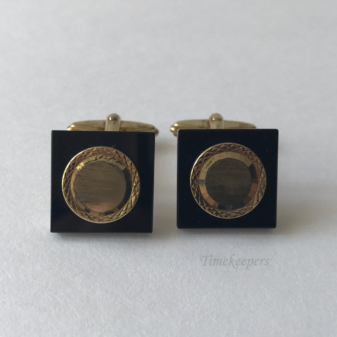 e175 Vintage Original Rolled Gold Black Stone Square Men's Cuff Links