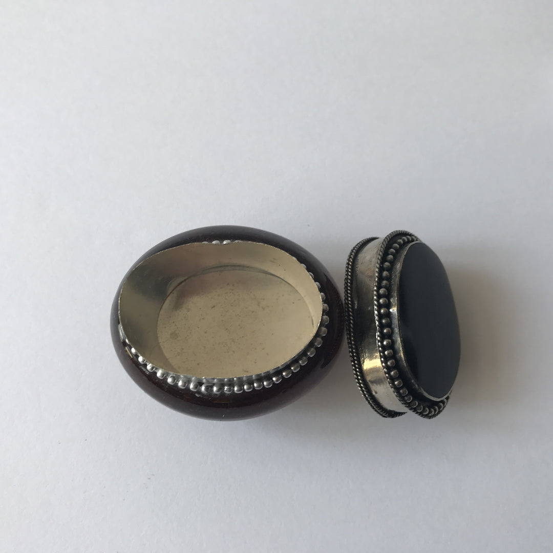 e176 Antique Oval Brown Glass & Silver Black Onyx Cabochon Jewelry Box