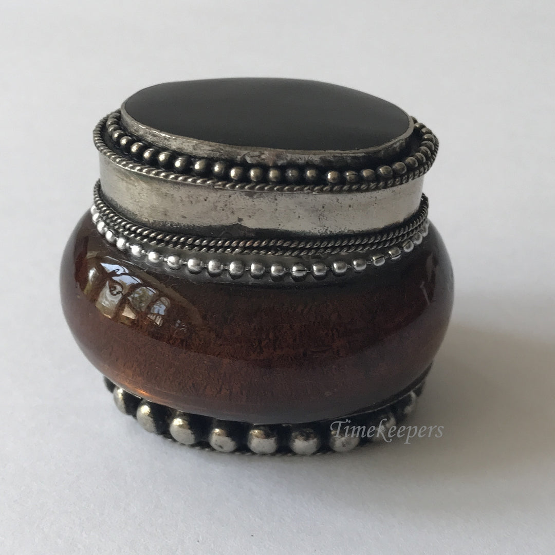 e176 Antique Oval Brown Glass & Silver Black Onyx Cabochon Jewelry Box