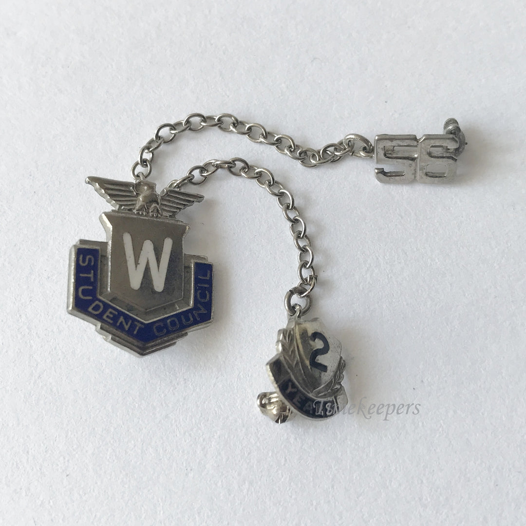 e192 Antique Sterling Silver University 2 years W Student Council Pin Brooch