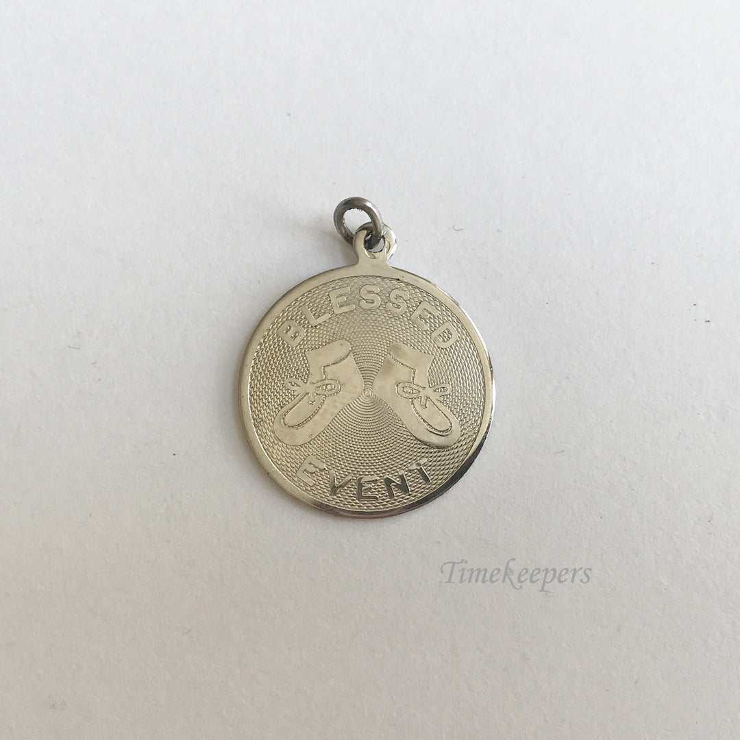 e244 Vintage Silver Tone Blessed Event Round Charm Pendant