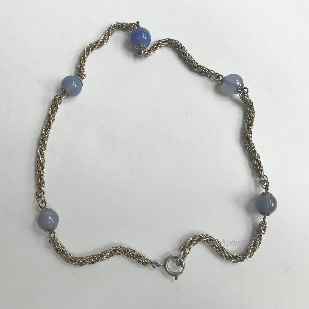 e344 Vintage Sterling Silver Round Blue Stone Chain Necklace