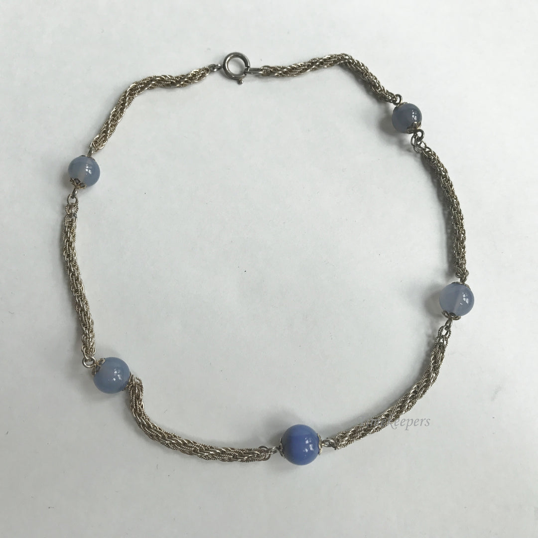 e344 Vintage Sterling Silver Round Blue Stone Chain Necklace