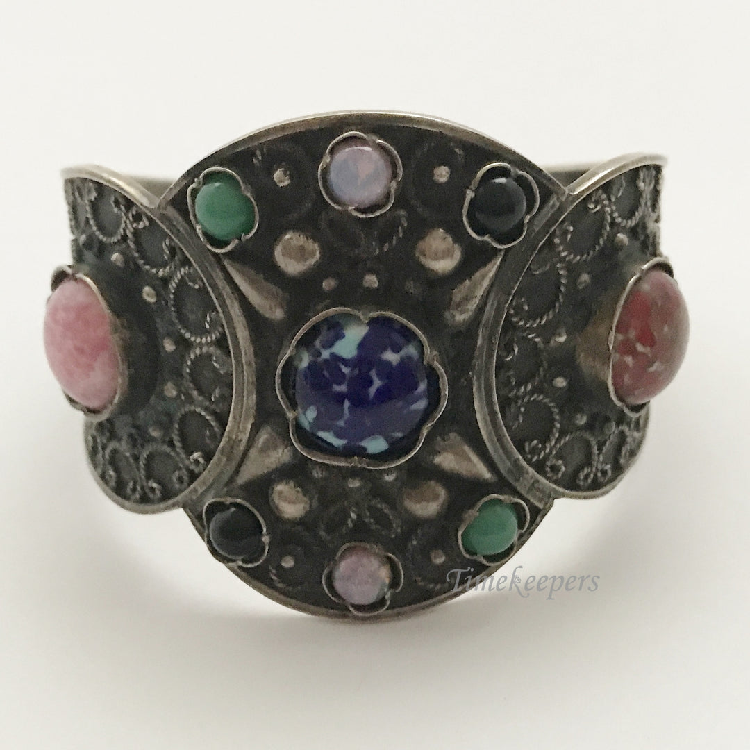 e369 Vintage Sterling Silver Genuine Stones Elegant Cuff Bracelet