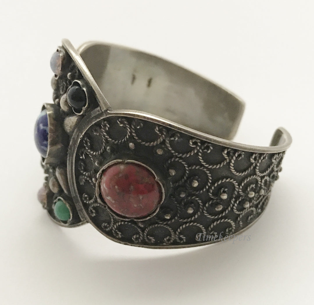 e369 Vintage Sterling Silver Genuine Stones Elegant Cuff Bracelet