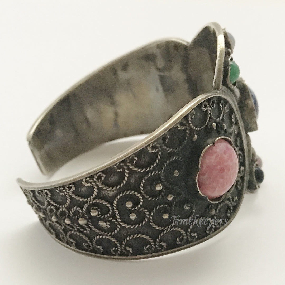 e369 Vintage Sterling Silver Genuine Stones Elegant Cuff Bracelet