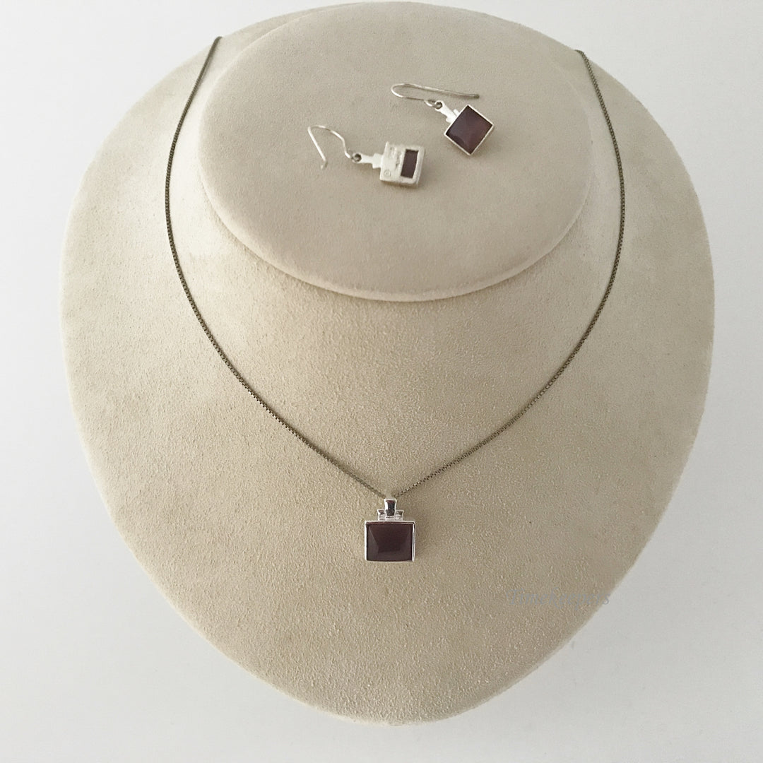 e488 Vintage Elegant Sterling Silver Earrings Chain Pendant Necklace 3pc Set