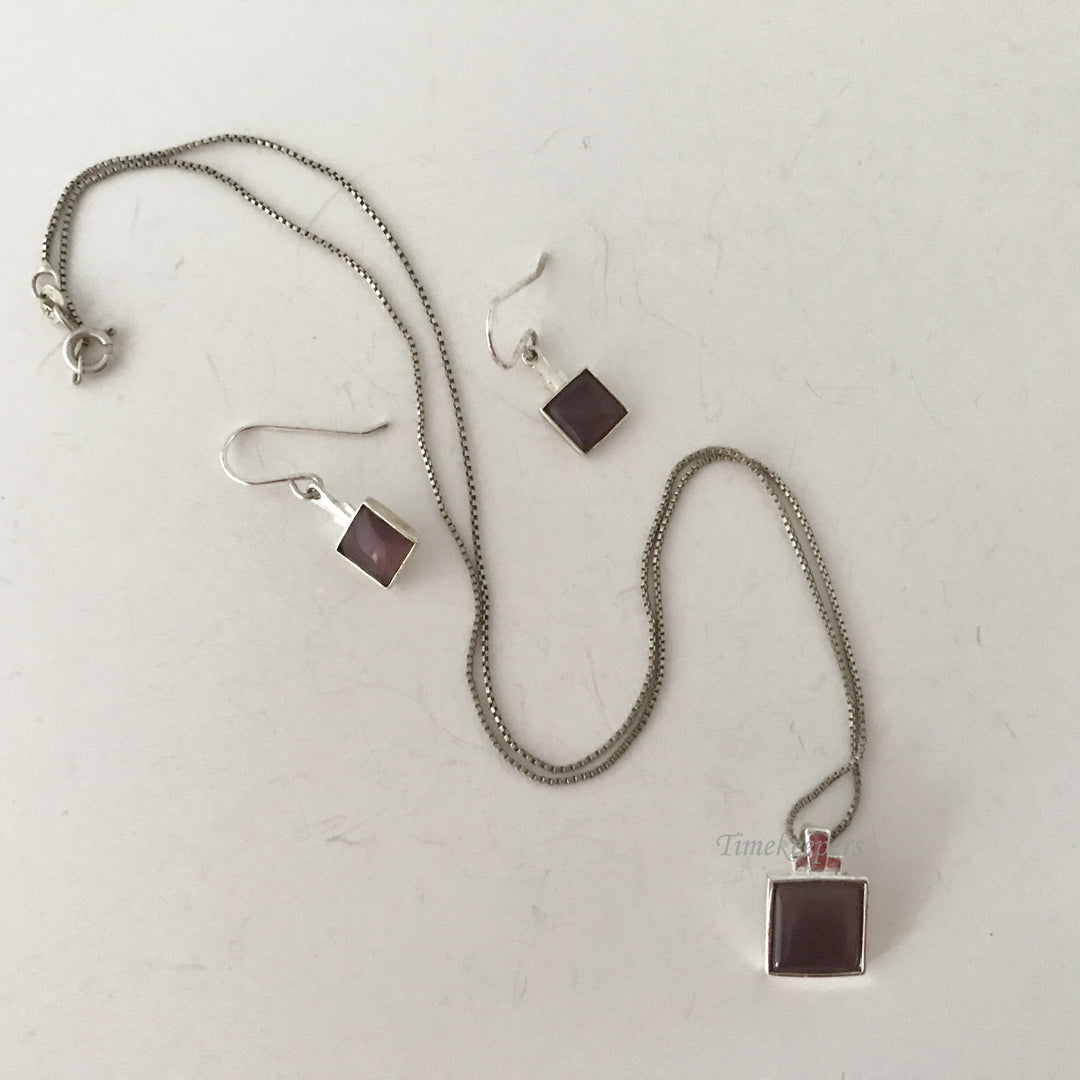 e488 Vintage Elegant Sterling Silver Earrings Chain Pendant Necklace 3pc Set