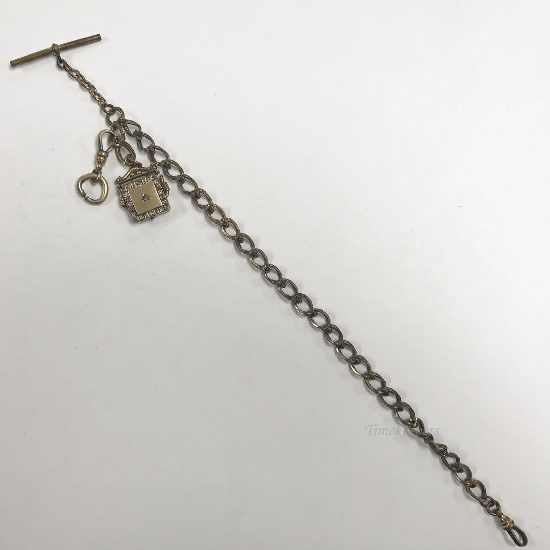 e501 Antique Gold Filled Picture Frame Locket Pendant Vest Pocket Watch Chain