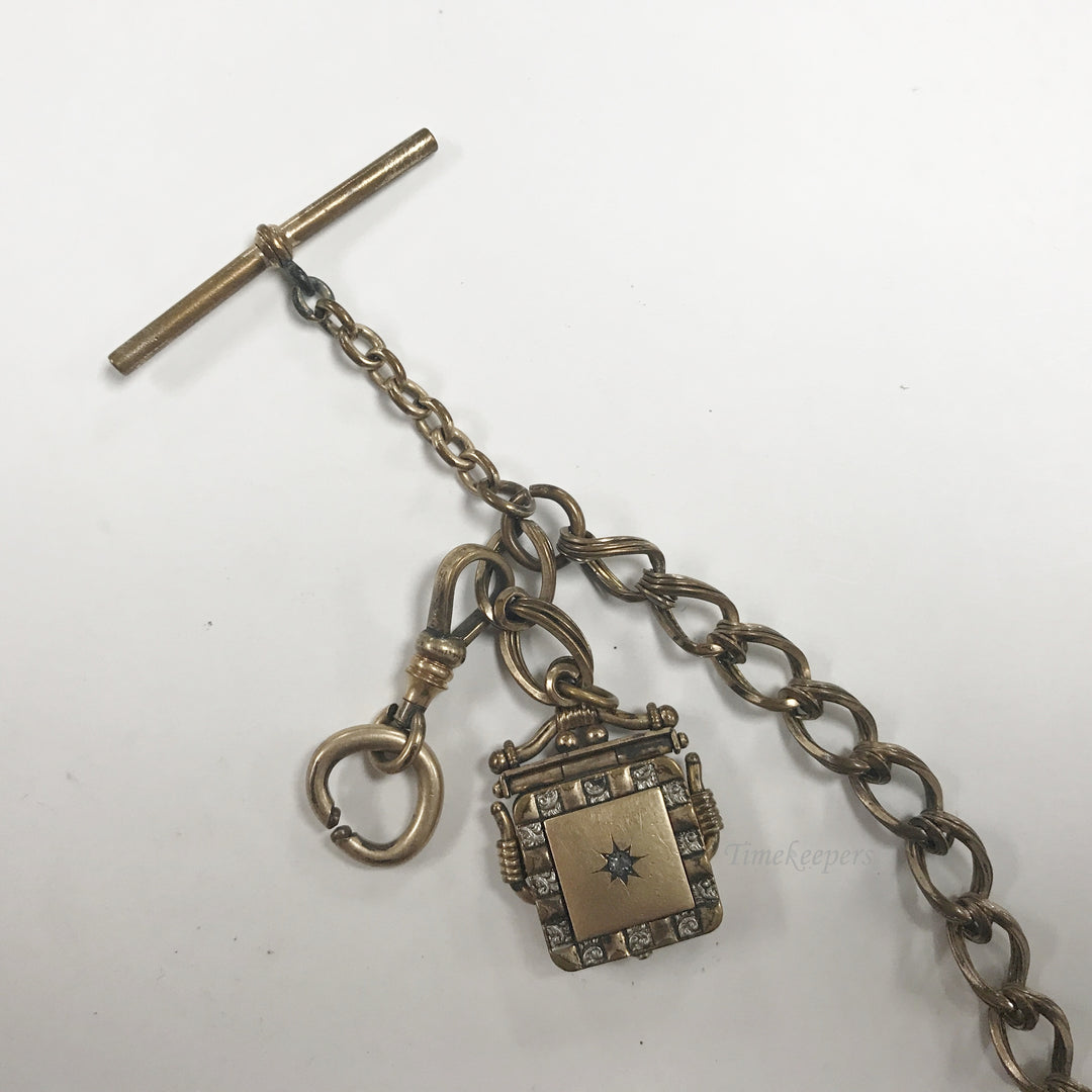 e501 Antique Gold Filled Picture Frame Locket Pendant Vest Pocket Watch Chain