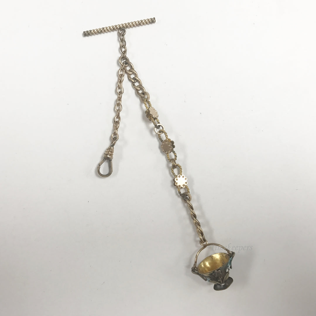 e538 Antique Gold Filled Vest Pocket Watch Floral Link Chain with Bucket Pendant