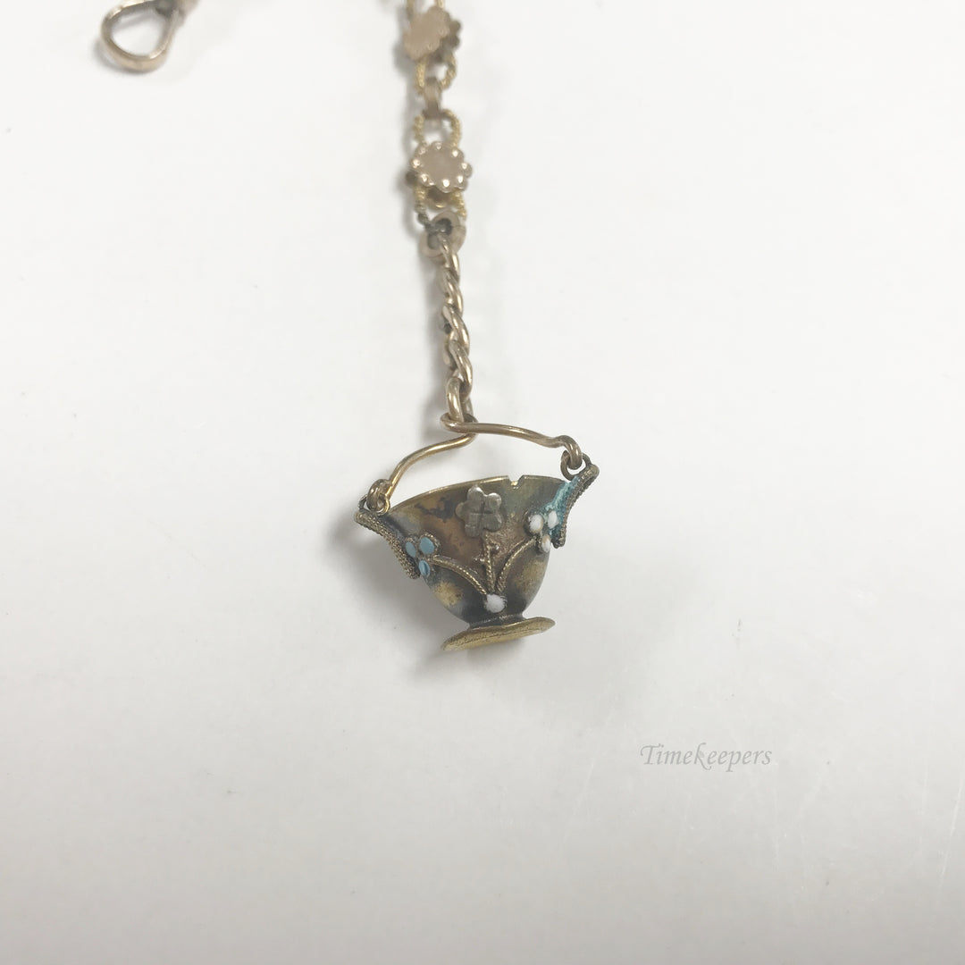 e538 Antique Gold Filled Vest Pocket Watch Floral Link Chain with Bucket Pendant