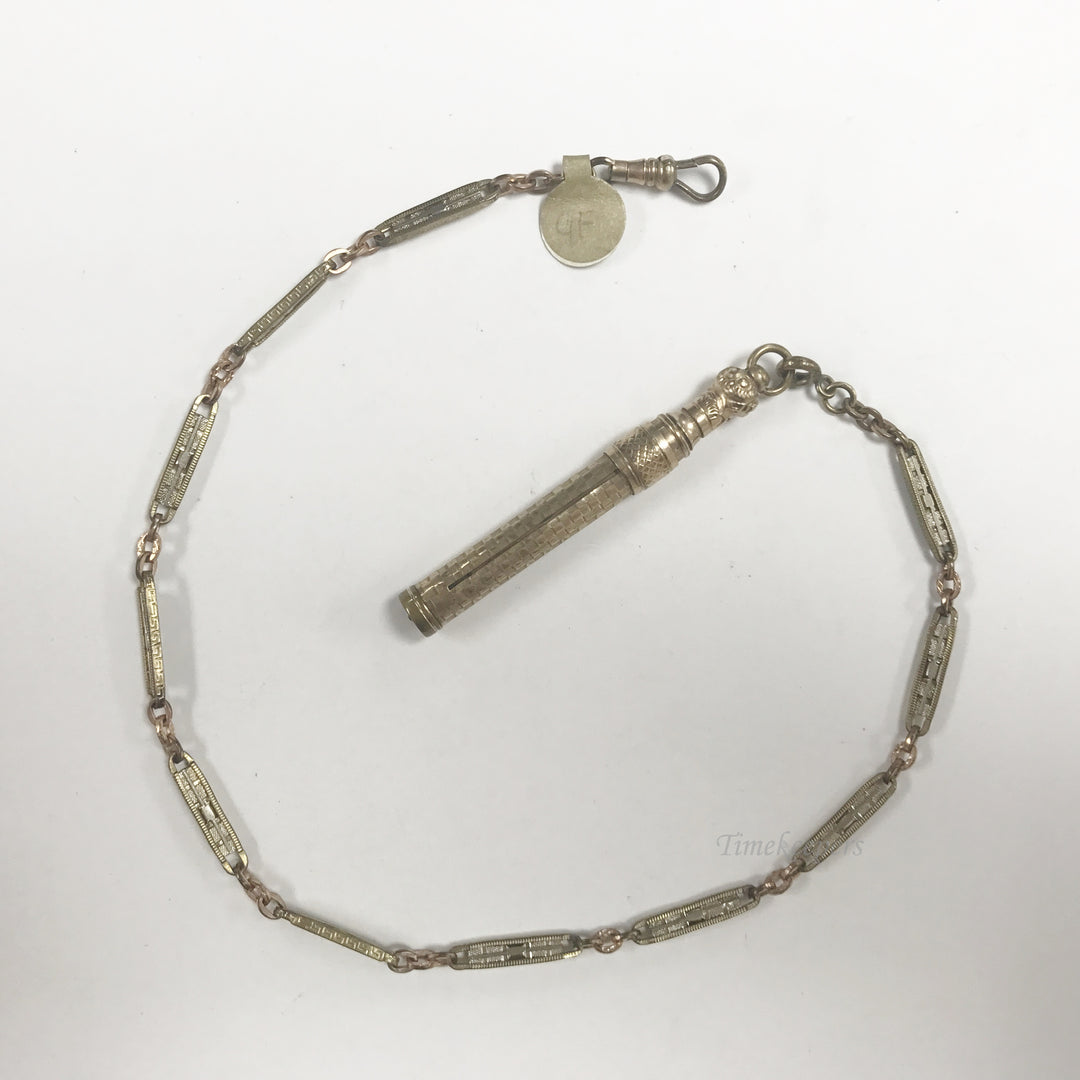 e542 Antique Gold Filled Pencil Pocket Watch Tri-Tone Link Chain & Pencil