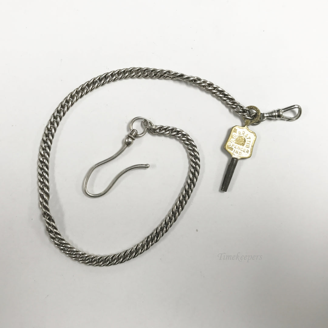 e577 Antique Sterling Silver Vest Pocket Watch Link Chain Spring Clasp Key Pendant