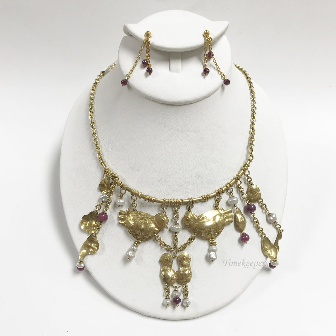 e793 Vintage 18K Yellow Gold Misani Milan Handmade Pearl Garnet Necklace Earring