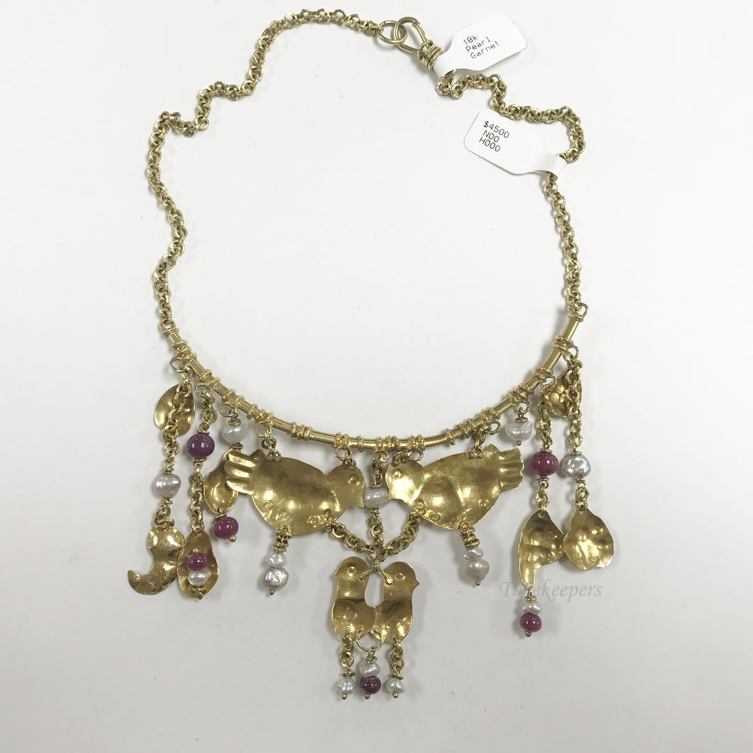 e793 Vintage 18K Yellow Gold Misani Milan Handmade Pearl Garnet Necklace Earring