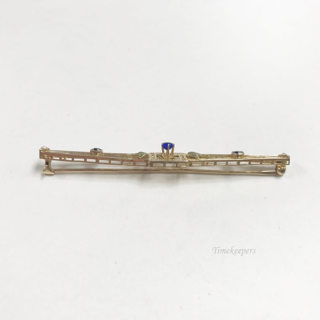 e798 Vintage Original 10K Yellow Gold Blue Stone Filigree Pin Brooch