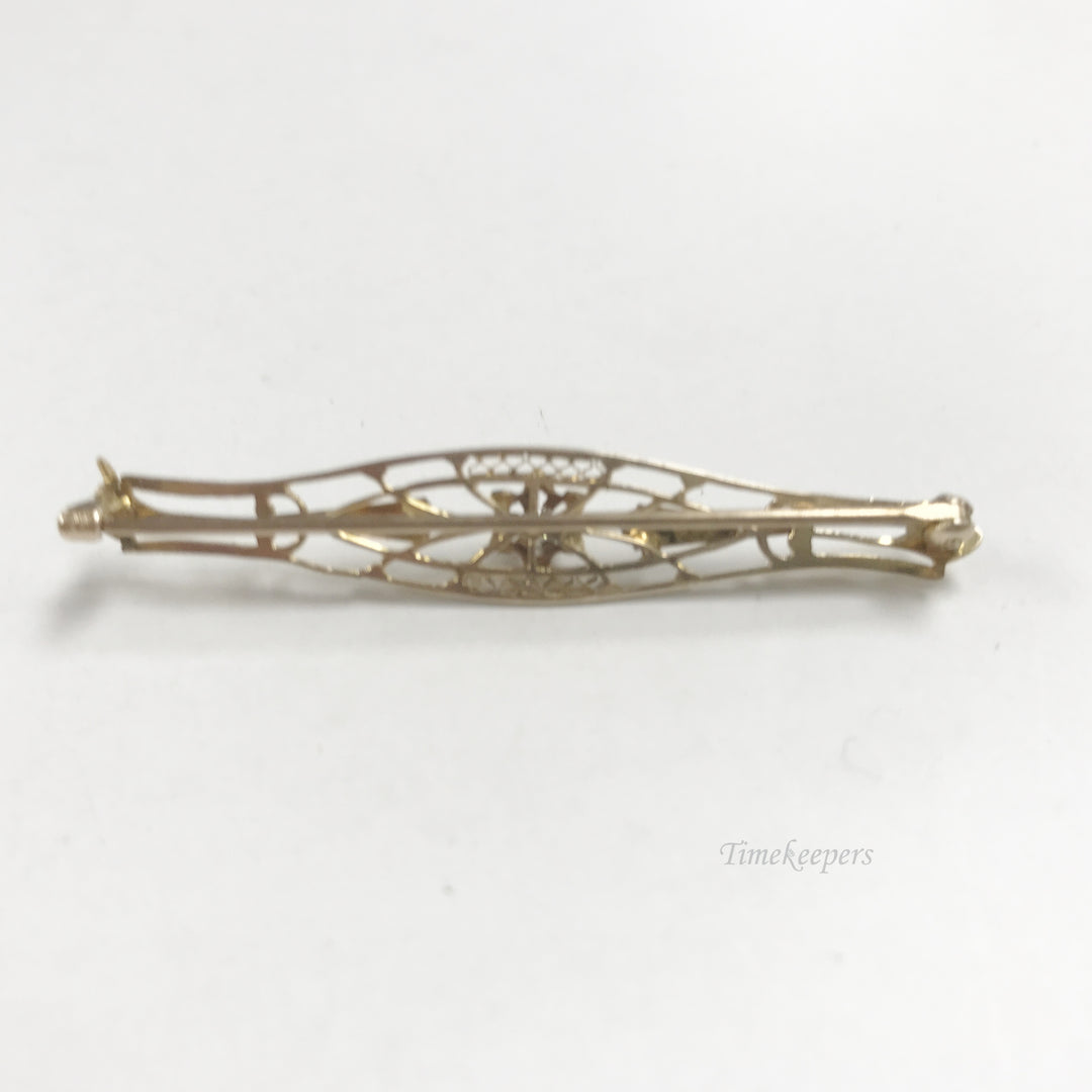 e803 Vintage Elegant 10K Yellow Gold White Diamond Filigree Pin Brooch