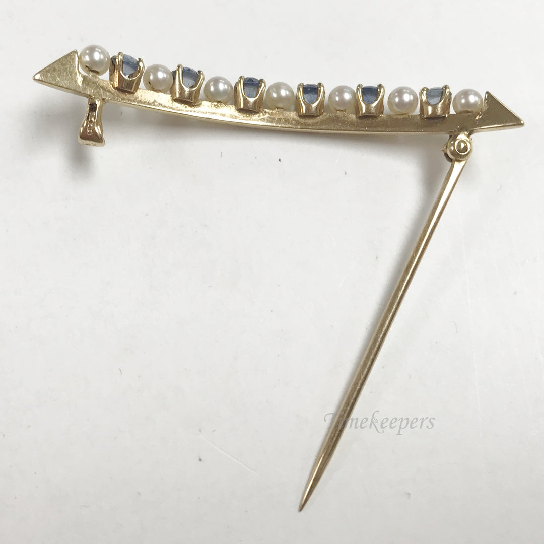 e804 Vintage 14K Yellow Gold Pearl Blue Stone Curved Pin Brooch