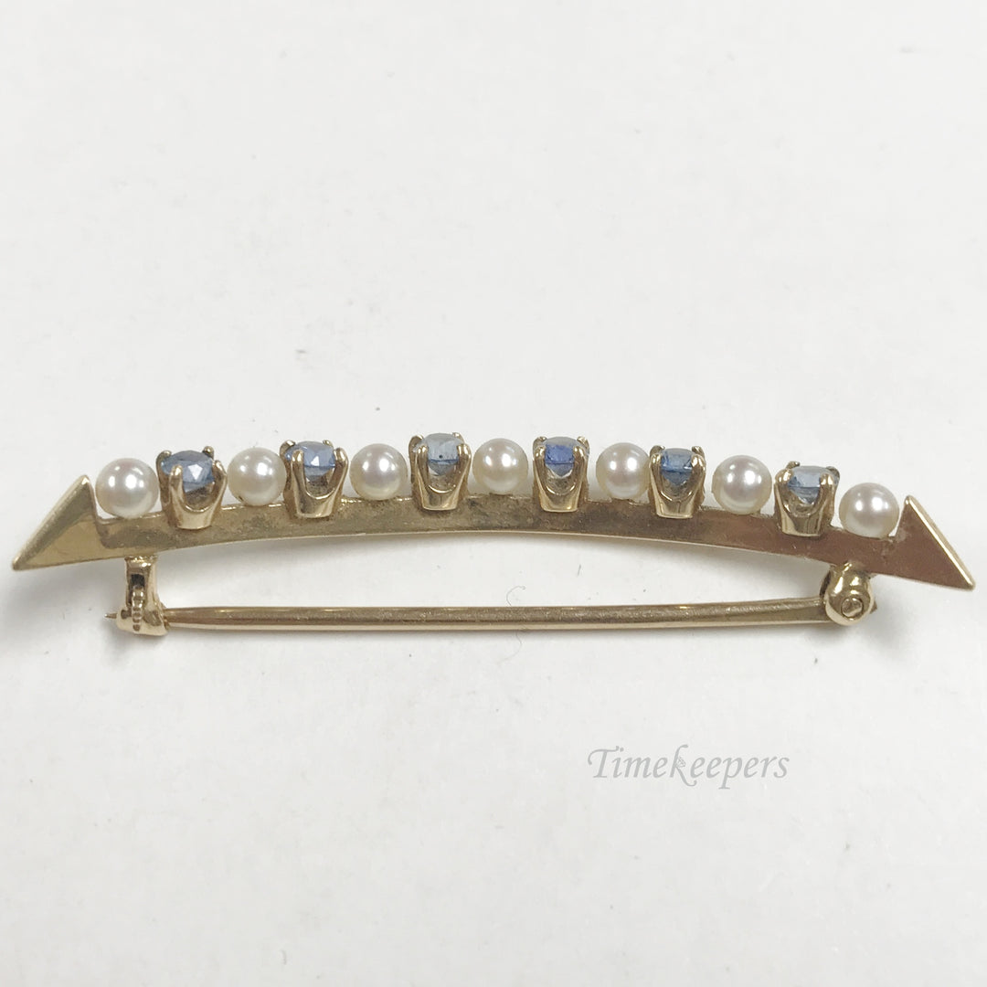 e804 Vintage 14K Yellow Gold Pearl Blue Stone Curved Pin Brooch