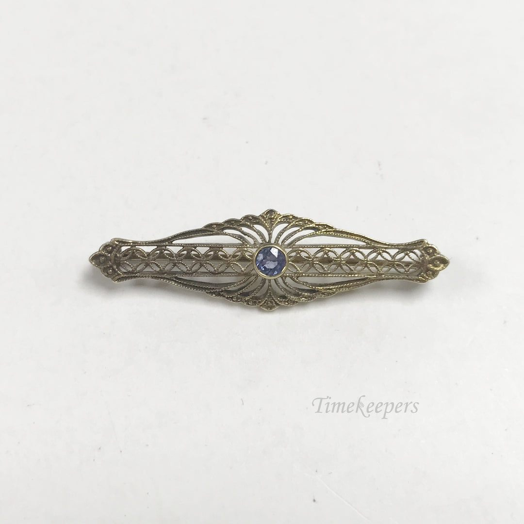 e805 Vintage 14K Yellow Gold Blue Sapphire Filigree Pin Brooch