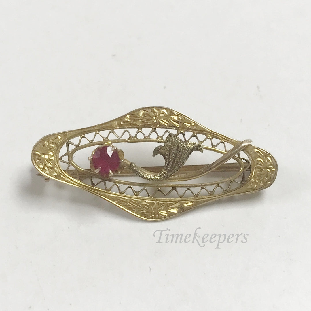 e806 Vintage 10K Yellow Gold Red Ruby Victorian Era Filigree Pin Brooch