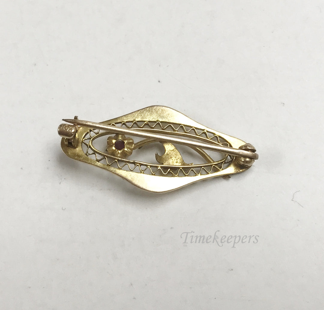 e806 Vintage 10K Yellow Gold Red Ruby Victorian Era Filigree Pin Brooch